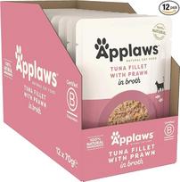 „Applaws Premium Natural“ šlapias kačių maistas, tuno filė su Ramiojo vandenyno krevetėmis sultinyje, 70 g porcijų maišeliai (12 x 70 g)
