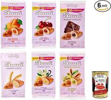 „Bauli“ bandomųjų pakuočių rinkinys: „Cornetti“, „Croissant“, „Brioche“, sausainiai, pyragas su grietinėlės kremu, pistacijų, šokolado, abrikosų, klasikinis, vyšnių skonio, Italija, 6 pakuotės + itališkas gurmaniškas „Polpa“ 400 g