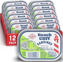 „Beach Cliff“ laukinės sardinės, konservuotos sojos aliejuje su aitriais žaliaisiais čili pipirais, 107 ml skardinė (12 vnt.) – 17 g baltymų vienoje porcijoje – be glitimo, tinka keto dietai – puikiai tinka makaronų ir jūros gėrybių patiekalams