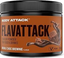 „Body Attack Flavattack“ „Double Choc Brownie“, 250 g, tik 9 kcal porcijoje, intensyvaus skonio milteliai, skirti musliui, ryžių pudingui, avižiniams dribsniams, gėrimams ir kt. Skonio milteliai be palmių aliejaus, aspartamo ir glitimo