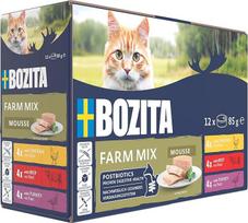 „Bozita Mousse Farm Mix“ – 12 x 85 g šlapio maisto katėms, turinčio švelnios putėsio konsistencijos, su vištiena, jautiena arba kalakutiena – be grūdų, be pridėto cukraus – su postbiotikais, palaikančiais žarnyno mikroflorą