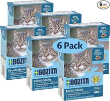 „Bozita Tetra“ šlapias maistas su skumbrėmis želėje – 6 x 370 g, be grūdų ir be cukraus, skirtas katėms – be GMO, su 7,5 % baltymų ir 5 % riebalų – visavertis ir subalansuotas maistas gurmanams