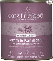 „catz finefood“ Nr. 11 „Lamb & Rabbit Delicatessen“ šlapias kačių maistas, pagardintas spanguolėmis ir morkomis, 6 x 800 g skardinės