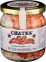„Chatka“. Stikliniame inde konservuotas produktas, kurio sudėtyje yra 60 % tikrų raudonųjų karališkųjų krabų kojelių ir susmulkintos mėsos (150 g)