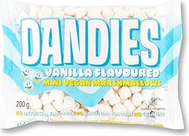 „Dandies“ veganiški vanilės skonio mini zefyrai, 200 g. Tinka vegetarams. Be glitimo. Be GMO. Be dirbtinių aromatų ir dažiklių. Atitinka košerio reikalavimus. Be alergenų. Augalinės kilmės.