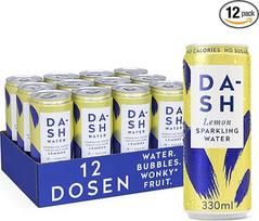 „Dash Water Lemon“ – 12 vnt. gazuoto vandens su citrinų skoniu – be cukraus, be saldiklių, be kalorijų – praturtintas neįprastais vaisiais (12 x 330 ml skardinių)
