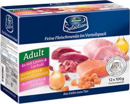 „Dehner Premium“ kačių ėdalas, suaugusiems katėms skirtas šlapias maistas, 4 x ėriena, kalakutiena, lašiša, 12 x 100 g maišelių (1,2 kg)
