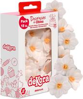 „dekora“ valgomieji tortų papuošimai – 18 baltų kamelijų, 4 cm, be cukraus, be glitimo, be laktozės, skirti vestuvėms, gimtadieniams, krikštynoms ir kūdikio lyties atskleidimui