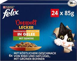„Felix Double Delicious“ šlapias kačių maistas želėje, įvairių skonių rinkinys, 4 vnt. pakuotė (4 x 24 maišeliai po 85 g)