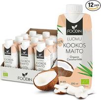 „FOODIN“ ekologiškas kokosų pienas, 12 x 330 ml – kreminis ir skanus, 100 % veganiškas, pagamintas iš baltos kokoso minkštimo, puikiai tinka karims, sriuboms, kokteiliams ir desertams