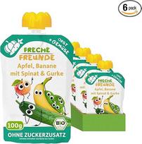 „FRECHE FREUNDE“ ekologiškas išspaudžiamas maišelis, obuoliai, bananai, špinatai ir agurkai, vaisių ir daržovių tyrė išspaudžiamame maišelyje kūdikiams nuo 6 mėnesių, veganiška, 6 vnt. pakuotė (6 x 100 g)