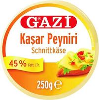 „Gazi Kashkaval“ supjaustytas sūris – 3 x 250 g, vakuumuotas – „Kasar Peyniri“ kietasis sūris, pagamintas iš karvės pieno, 45 % riebalų (pagal bendrą masę), tinka kaip picos užpilas, troškiniams kepti, vegetariškas, be glitimo, halal
