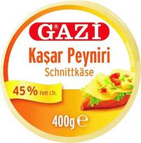 „Gazi Kashkaval“ supjaustytas sūris – 7 x 400 g – „Kasar Peyniri“ kietasis sūris iš karvės pieno, 45 % riebalų (pagal bendrą masę), tinka kaip picos užpilas, troškiniams kepti, vegetariškas, be glitimo, halal