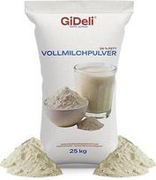 „GiDeli“ nenugriebto pieno milteliai, 25 kg – pieno riebalų kiekis 26 % – skirti gėrimams, desertams ir kepiniams, pagaminti iš pasterizuoto karvės pieno