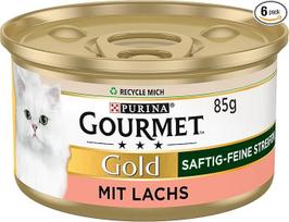 „Gourmet Gold Juicy Fine Strips“, šlapias kačių maistas su lašiša, 12 vnt. pakuotė (12 x 85 g)