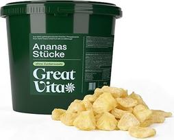 „GreatVita“ ananasų gabaliukai, liofilizuoti, 500 g – traškūs ananasų gabaliukai be pridėto cukraus – liofilizuoti ananasai – užkandis ir pagardas javainiams, jogurtui ir kokteiliams