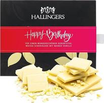 „Hallingers Genuss Manufaktur“ baltojo šokolado gimtadienio dovanų rinkinys, pagamintas iš rankomis ruošto aukštos kokybės kakavos, be alkoholio, elegantiškoje kartoninėje dėžutėje su užrašu „Happy Birthday...“, mangų ir vanilės skonio, dovanos moterims i