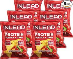 „INLEAD“ tortiljų traškučiai su dideliu baltymų kiekiu, 35 g baltymų 100 g produkto, traškūs baltymų traškučiai su daug ląstelienos, baltymų užkandis, tinkamas sportuojantiems ir kasdieniam vartojimui, 6 x 50 g (pipirų skonio)