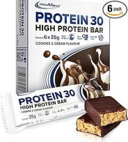 „IronMaxx Protein 30“ baltyminiai batonėliai – „Cookies and Cream“ 6 vnt. po 35 g, baltyminiai batonėliai be palmių aliejaus su vitaminais, tinkami mitybai su sumažintu cukraus kiekiu ir mažai angliavandenių
