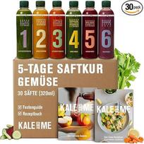 „Kale&Me“ daržovių sulčių kuras, 5 dienos – 30 sunumeruotų buteliukų po 320 ml – 6 skirtingi šalto spaudimo sulčių rūšys, pagamintos iš 98 % daržovių – rūgštokas skonis – veganiškos, be priedų ir konservantų – su sveikatos vadovu