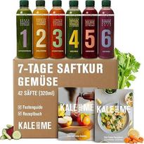 „Kale&Me“ daržovių sulčių kuras, 7 dienos – 42 sunumeruoti buteliai po 320 ml – 6 skirtingi šalto spaudimo sulčių rūšys, pagamintos iš 98 % daržovių – rūgštokas skonis – veganiški, be priedų ir konservantų – su sveikatos vadovu
