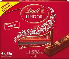 „Lindt“ šokoladas | „LINDOR“ pieno šokolado lazdelės, akcija | 100 g | 4 „LINDOR“ pieno šokolado lazdelės su švelniai tirpstančiu įdaru | Šokoladinė lazdelė