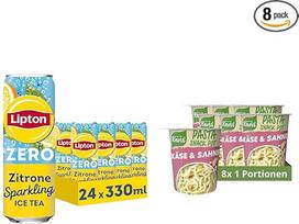 „LIPTON ICE TEA Sparkling Lemon Zero“ – gazuotas gėrimas su citrinų skoniu be cukraus, vienkartinės skardinės (24 x 0,33 l) „Knorr Pasta Snack Pot“ sūrio ir grietinėlės skonio greitojo paruošimo makaronai, paruošti vos per 5 minutes, 8 x 71 g