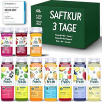 „LiveFresh“ 3 dienų sulčių dietos pradedančiųjų rinkinys – 21 sulčių porcija (250 ml) ir 9 koncentruotų sulčių porcijos (60 ml), išspaustos šaltuoju būdu¹ – ekologiški sultiniai, makaronai, arbata ir gliukomananas