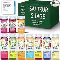 „LiveFresh“ sulčių programa, 5 dienos – 35 sulčių (250 ml) ir 15 koncentratų (60 ml), išspaustos šaltuoju būdu¹ – ekologiški sultiniai, makaronai, arbata ir glukomananas