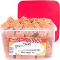 „Lonka“ vanilinis fudge – didmeninė pakuotė: 2 kg skardinė – skanus kreminis fudge su vanilės skoniu – puikus užkandis prie kavos ir arbatos – saldumynai