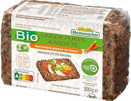 „Mestemacher Bio Unser“ grynos morkų duona, veganiška, „Nutri Score“ A, ekologiška avižų duona su morkomis, be miltų ir mielių, turinti daug ląstelienos, su avižų grūdais, linų sėklomis ir psiliumo luobelėmis, 5 riekelės, 300 g
