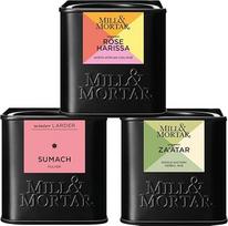 „Mill & Mortar“ ekologiškų „Levante“ prieskonių dovanų rinkinys: rožių harisa, za'ataras ir sumakas