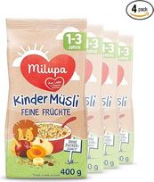 „Milupa“ vaikų pusryčių dribsniai su smulkiais vaisiais, skirti vaikams nuo 1 iki 3 metų, be pridėto cukraus, kūdikių maistas, 4 x 400 g