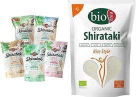„MIYATA“ „Shirataki“ rinkinys su 5 skirtingomis rūšimis, 1 x 1350 g, ir „BIOASIA“ ekologiški „Shirataki“ ryžiai, pagaminti iš ekologiškų konjako miltų – mažai kalorijų – be cukraus, riebalų ir glitimo (1 x 270 g)