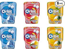 „Orbit Refreshers Mix“ 6 x 30 vnt. – kramtomoji guma be cukraus su pipirmėtės, braškių ir citrinos bei tropinių vaisių skoniais, 180 dražė – ekonomiškas rinkinys
