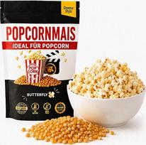 „Popcorn Butterfly“ 925 g „Film Evening Format AF®“ · Popkornas kino teatrui ir namams · 98 % išsipūtimo rodiklis · Be GMO · Tinka puodui, keptuvei ir popkorno aparatui · Komplekte – 2 kino teatro maišeliai
