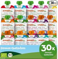 „Pumpkin Organics“ ekologiškų daržovių „Quetschie“ degustacinis rinkinys – 30 maišelių su 30–99 % daržovių – nuo 6 mėnesių – 100 % ekologiški, be priedų – papildomo maisto užkandžiai