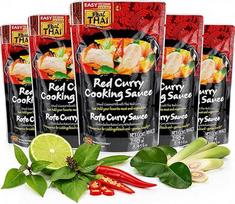„Real Thai“ raudonojo kario padažas, 250 ml – 5 vnt. pakuotė – autentiškas tajų kario padažas su kokosų pienu – paruoštas padažas be priedų – autentiškas tajų kario padažas, pagardas azijietiškiems patiekalams | Autentiškas tajų kario padažas su kokosų pi