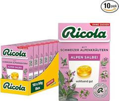 „Ricola Alpen Sage“, 10 dėžučių originalių šveicarų žolelių saldainių su 13 Šveicarijos Alpių žolelių ir aštraus šalavijo, be cukraus, 10 x 50 g, veganiški