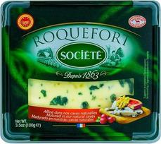 „Roquefort Société AOP“ avies sūris, 6 x 100 g, prancūziškas mėlynojo pelėsio sūris, kreminis ir aromatingas, subtilaus grybų skonio sūris, tinka valgyti vieną su vynu, kaip picos įdaras arba kepimui
