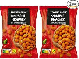 „Trader Joe’s“ „Knusper-Kracher Paprika“ 2 x 200 g / 400 g bendras kiekis – žemės riešutų branduoliai traškioje tešlos apvalkale, skrudinti, pagardinti, veganiškas vakarėlio užkandis ir atsargų pakuotė