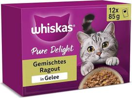 „Whiskas 1+“ kačių maistas „Pure Delight“ – įvairių skonių rinkinys želėje, 12 x 85 g (4 pakuotės) – aukštos kokybės šlapias maistas suaugusiems katėms, supakuotas į 48 porcijų maišelius