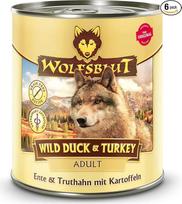 „WOLFSBLUT“ suaugusiems šunims skirtas šlapias maistas su laukinėmis antimis ir kalakutais, pagamintas iš natūralių ingredientų ir supermaisto produktų, be grūdų, be priedų, skardinėje, 6 x 800 g