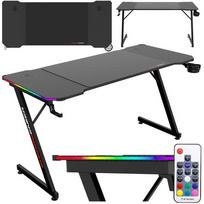 Žaidimų stalas 140 cm su RGB LED apšvietimu ir kilimėliu, juodas kompiuterio stalas, e-sporto stalas, žaidimų konsolės stalas, PC stalas