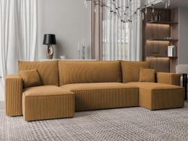 Minkštas kampinis sofa svetainei PARIS U su miego funkcija ir patalynės dėže Spalvos: Poso 01 (geltona)