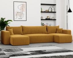 Minkštas kampinis sofa PIANO U su miego funkcija ir patalynės dėže Spalvos: Poso 01 (geltona)