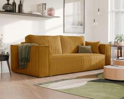 Minkšta kampinė sofa BALI su miego funkcija ir patalynės dėže Spalvos: Poso 01 (geltona)