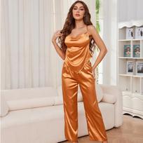 Women’s Satin Sleeping Suits Imitation Silk Sexy Sling Top and Long Pants Two-piece Pajamas Set Summer Thin Home Clothing L šokoladas