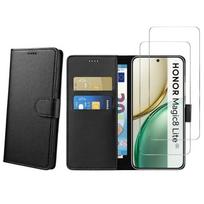 Coque pour Honor Magic 8 Lite 5G et 2 Verres Trempé - Portefeuille Noir Rabat Clapet Aimanté Rangement Cartes Phonillico® juoda