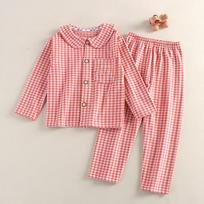 Children's Clothing and Home Clothes Set Children's Square Grid Warm Velvet Lapel Embroidered DollBoys' Pajamas Home Clothes 90cm raudona